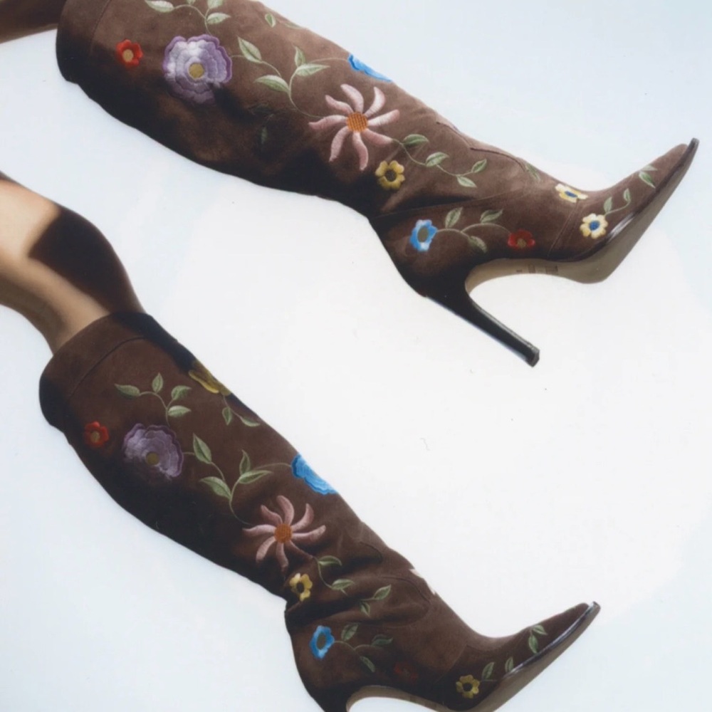 Floral Embroidered Brown Knee-High Boots